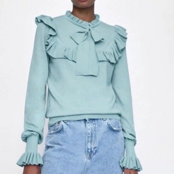 Zara Ruffle Knit Sweater With Bow Womens Size Large Greenish Blue Lightweight - Picture 1 of 16